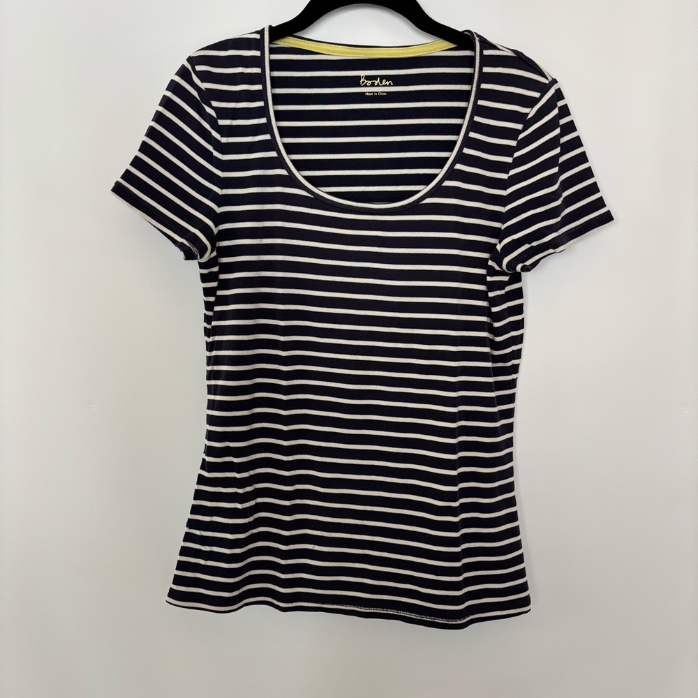 Boden Scooped Neck Striped Tee Size 10 Navy Blue with white stripes